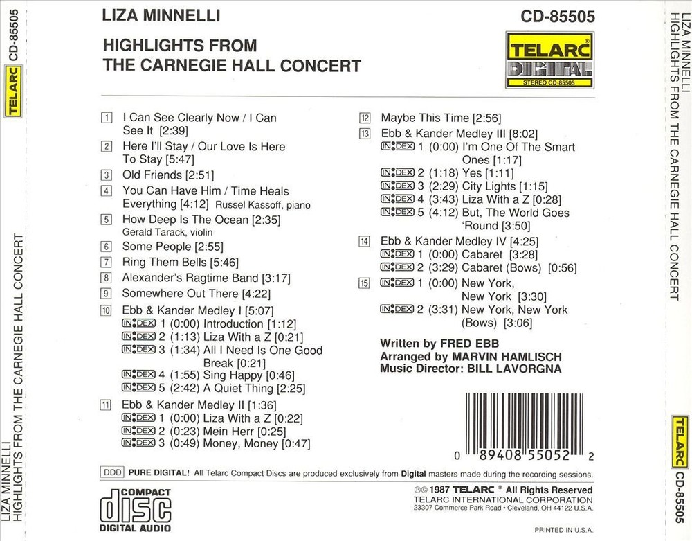 LIZA MINNELLI HIGHLIGHTS FROM THE CARNEGIE HALL CONCERTS NEW CD