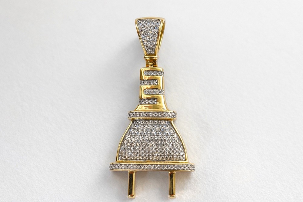 14k Yellow Gold Natural Diamond Plug Pendant Pave Set Mens Iced Out Charm 1.76CT