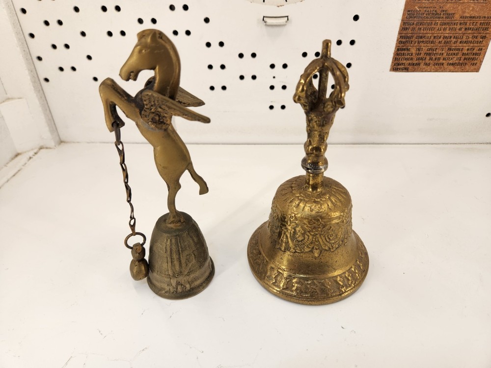 Vintage Lot of 2 Solid Brass Ornate Decorative Hand Bell & Unique Pegasus Bell