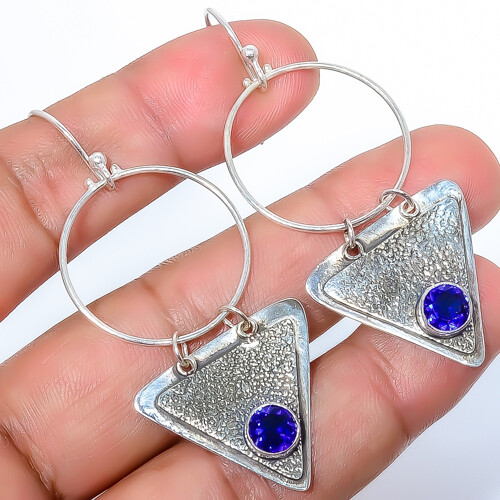 Blue Sapphire Sand Paper Textured (Simulated) 925 Silver Earring 2.42