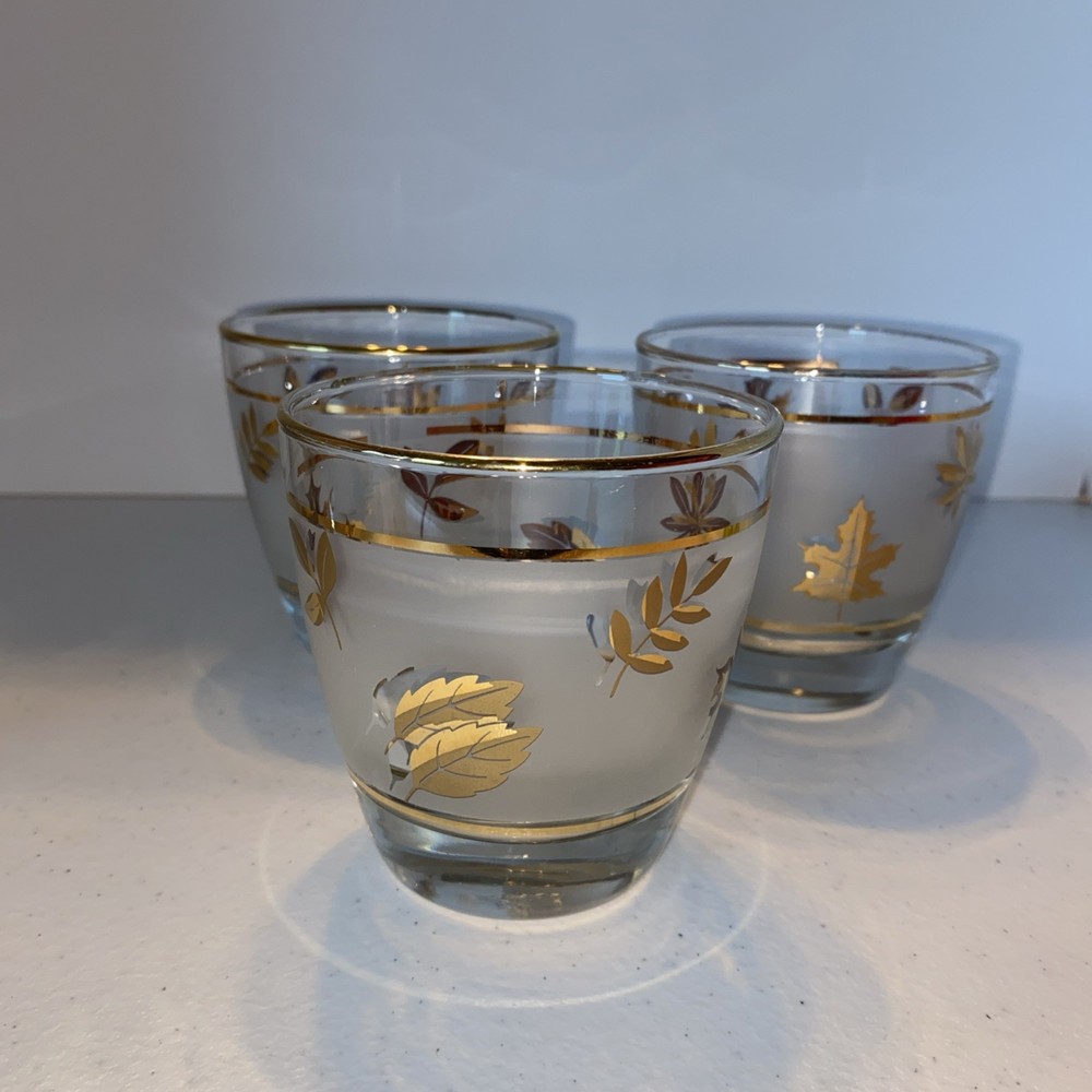 3 Old Fashioned VTG MCM Libbey Frosted Golden Foliage Short Glasses
