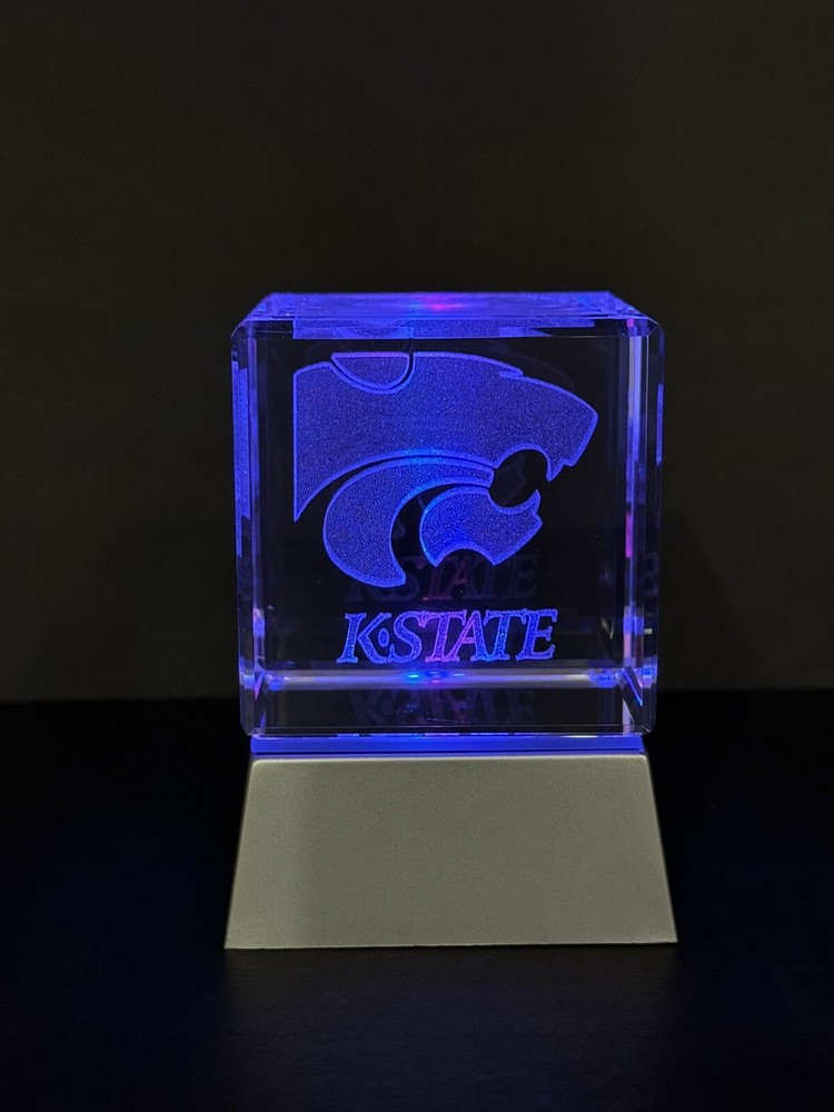 Kansas State University Wildcat logo laser engraved crystal cube 2.25” LED Light