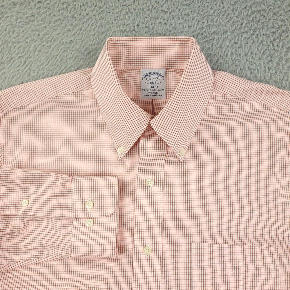 Brooks Brothers Shirt Mens 15-4/5 Orange Check Regent 1818 Non Iron Cotton