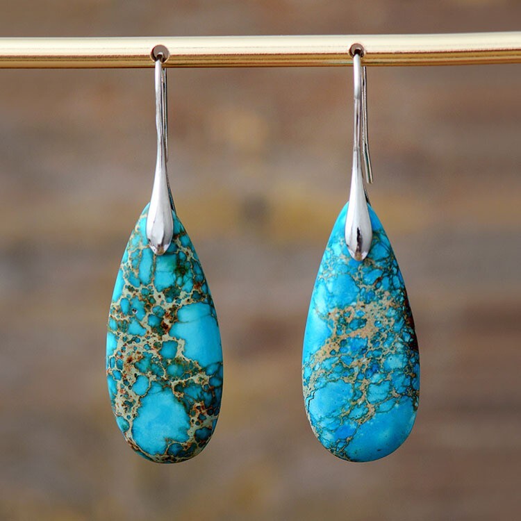 Blue Sea Sediment Jasper Gemstone Healing Protection Dangle Women Earrings Gifts