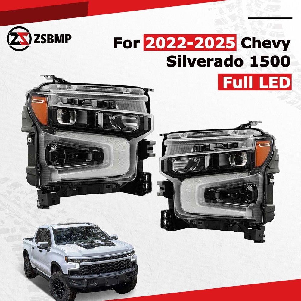 Full LED Headlight For 2022-2025 Chevy Silverado 1500 LTZ Black Left+Right Pair