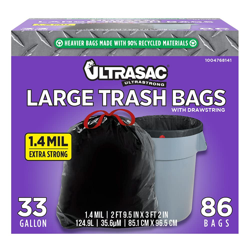 Black Large Heavy Duty Drawstring Trash Bags 33 Gallon 1.4 MIL, 33.5