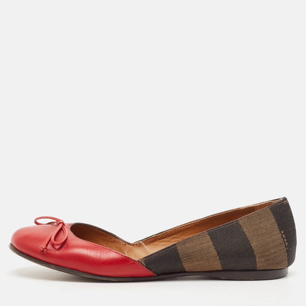 Fendi BrownRed Leather And Canvas Toe Ballet Flats Size 37