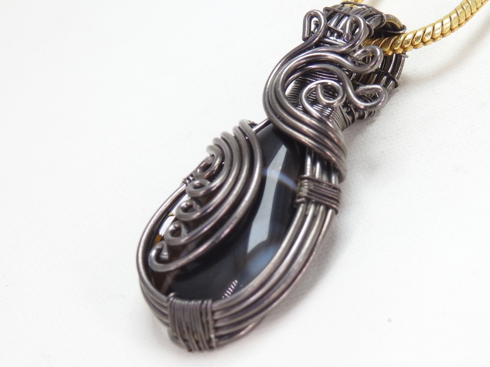 Black Strip Agate Brass Pendant Silver Oxidised Polished Wire Wrapped Jewelry