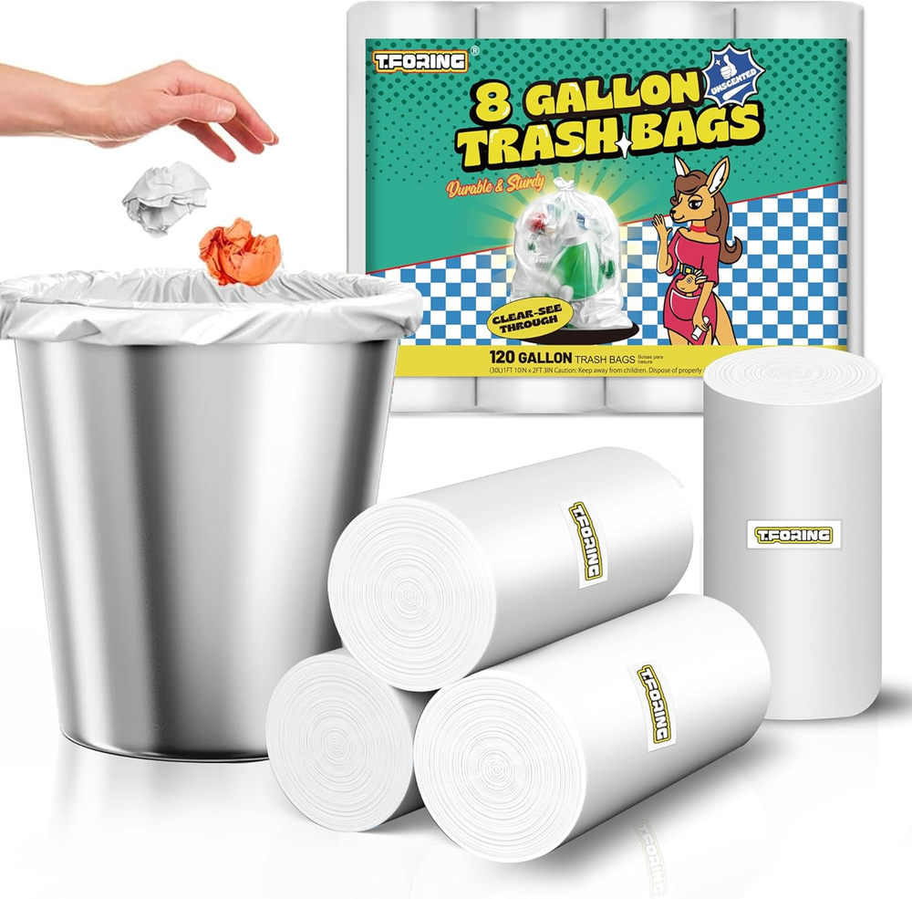 120 Count 8 Gallon Trash Bags Unscented - Thick Clear Medium Garbage Bags, 30 Li