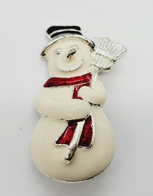 Christmas Snowman Brooch with Broom in Multicolor Enamel & Silver Tone 2 Inch