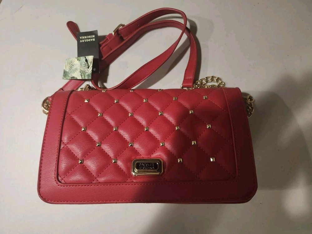 Badgley Mischka Red Vegan Leather Studded Quilted Crossbody Bag NWT