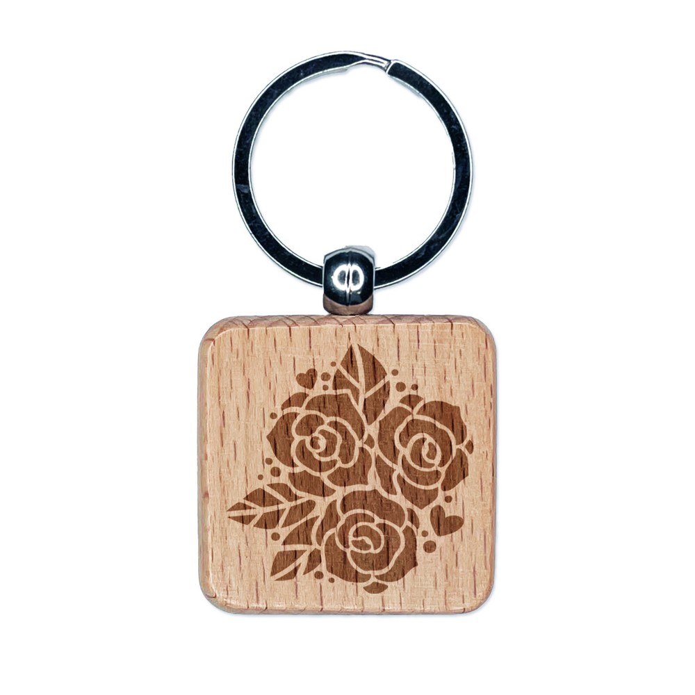 Rose Bundle Wedding Bouquet Engraved Wood Square Keychain Tag Charm