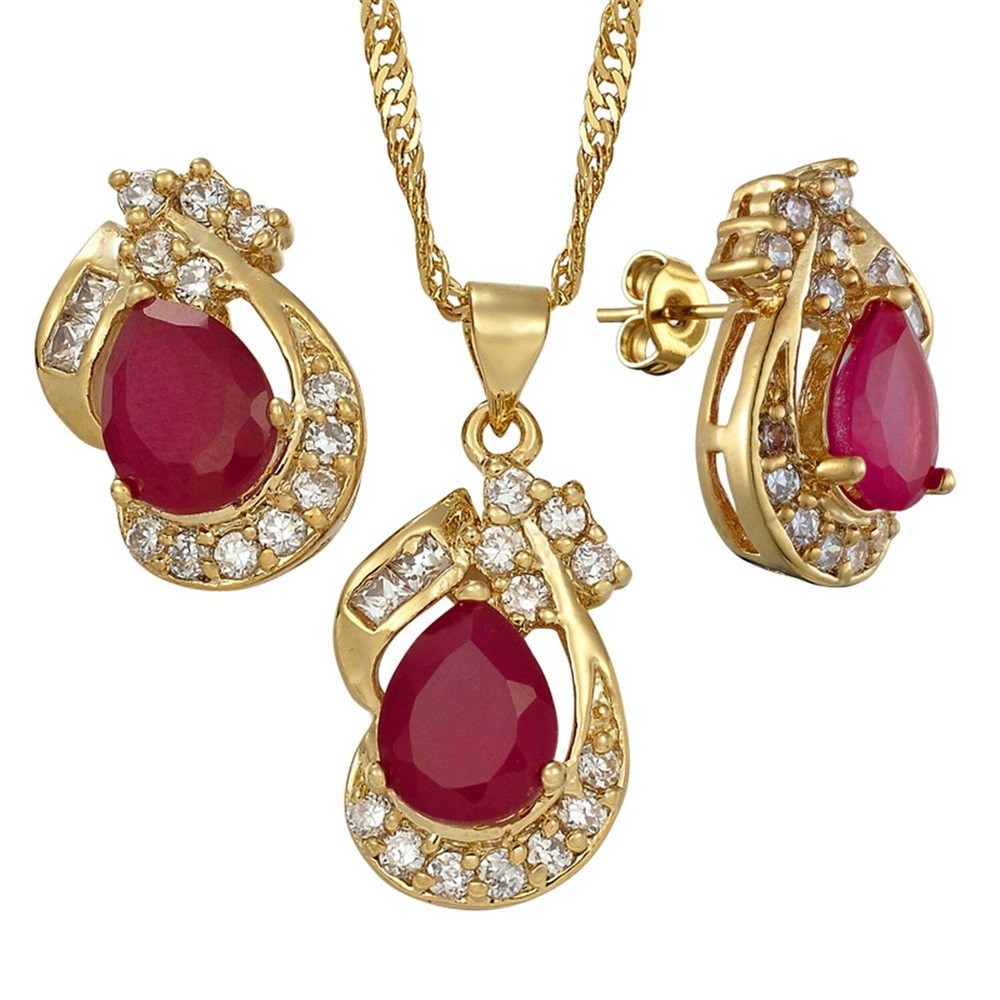 RIZILIA Pear Cut Red Ruby Yellow Gold Plated Jewelry Set, Pendant with 18