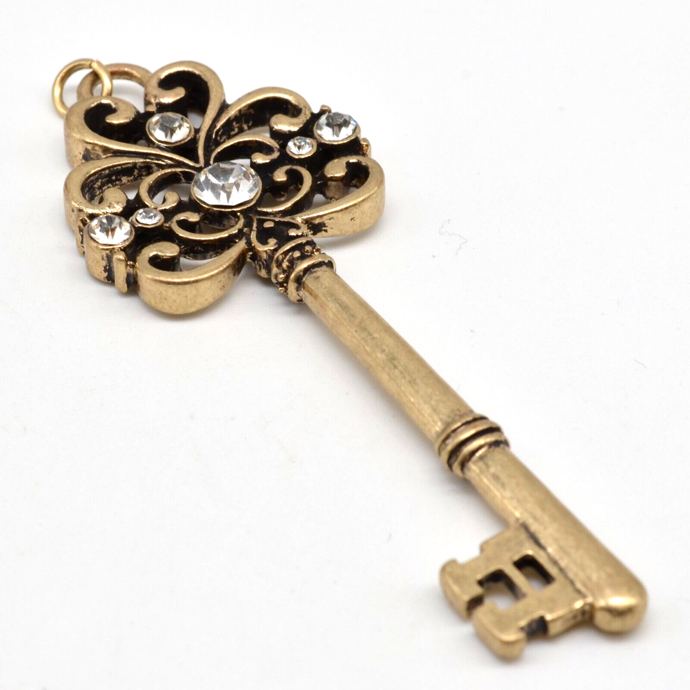 Key Pendant Gold Tone Filigree Rhinestones 3