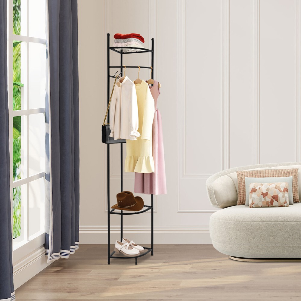 Premium Carbon Steel Corner Coat Stand with Garment Shelf & Hanging Rail
