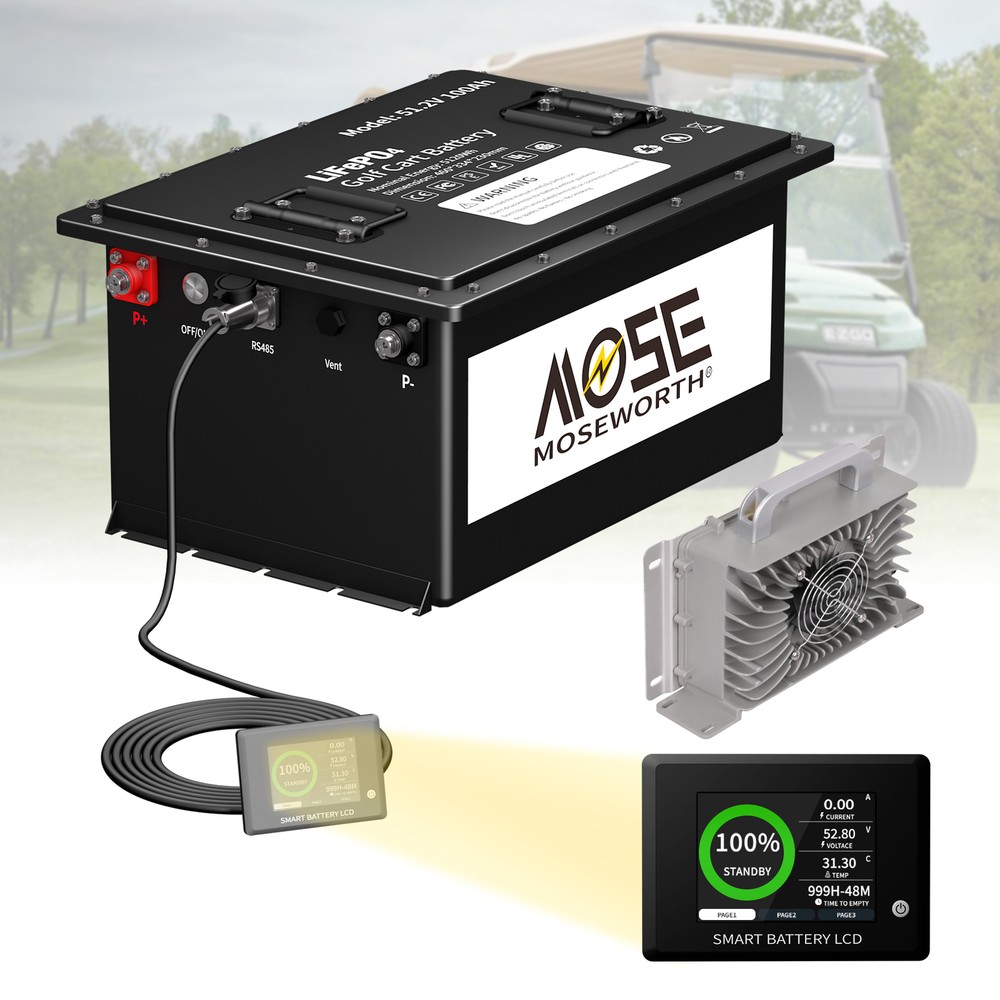 48V 105Ah LiFePO4 Golf Cart Battery with 200A BMS, 15000+ Cycles, Monitor & 20A Charger