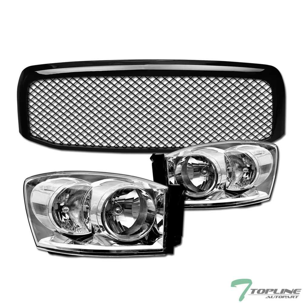 Topline For 2006-2009 Dodge Ram Chrome Headlight Signal nb+Mesh Front Grille Blk