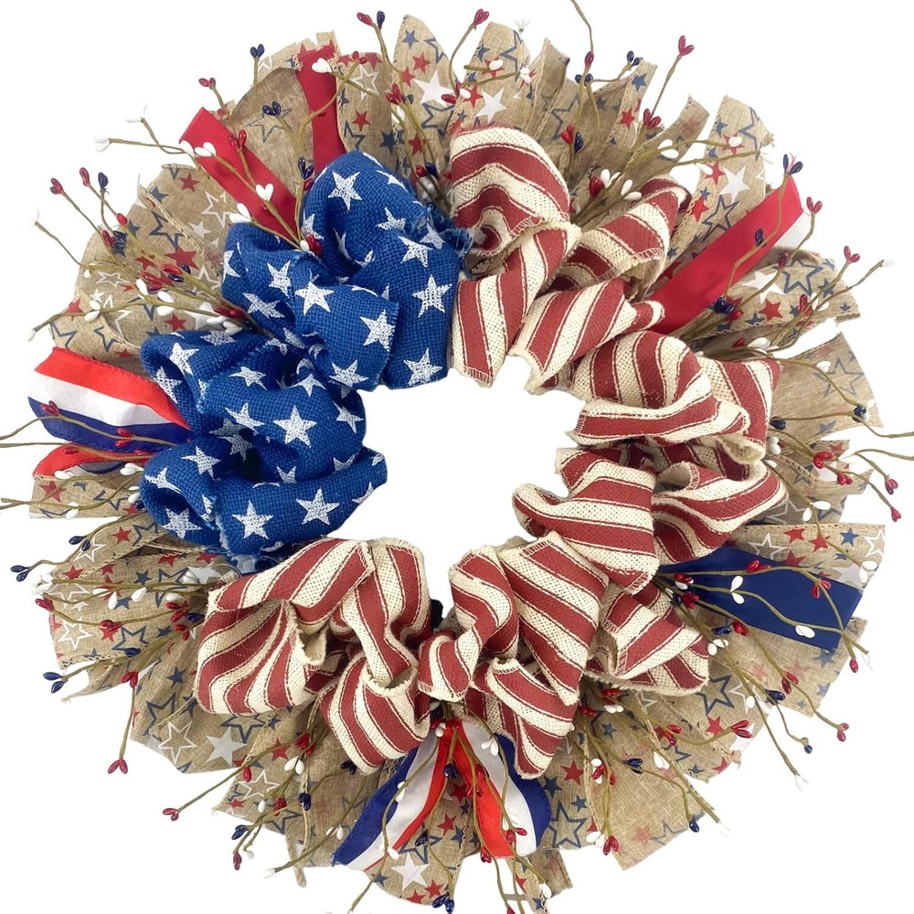 16 Inch Patriotic Burlap Berry Wreath for 4th of July Front Door
