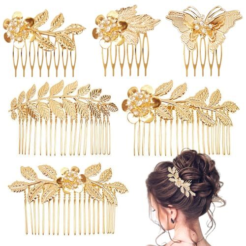 6PCS Gold Rhinestone Leaf and Butterfly Hair Combs with Teeth for Weddings and Special Events