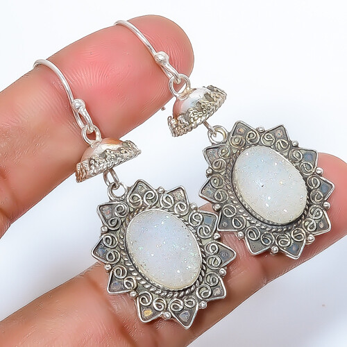Titanium Opalite Agate Drusy 925 Sterling Silver Bali Earring 1.76