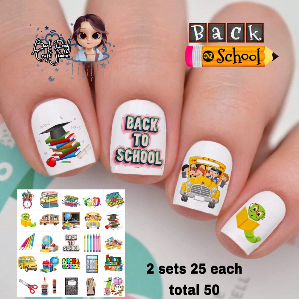 Back To School Waterslide Nail Art Decals Set Of 50 Instructions & Bonus-image