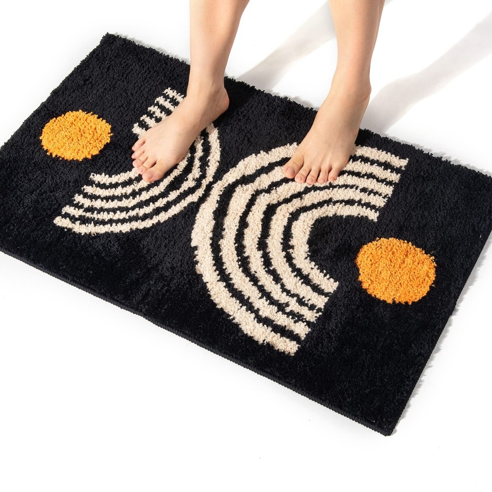 Boho Nonslip Abstract Bathroom Rug Microfiber Washable Black Cute Mat