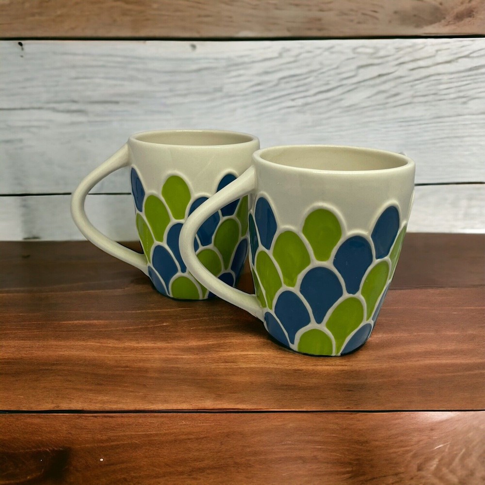 Starbucks Mermaid Coffee Mug Green Blue Raised Scales 14 Oz Lot of 2 Cups 2009