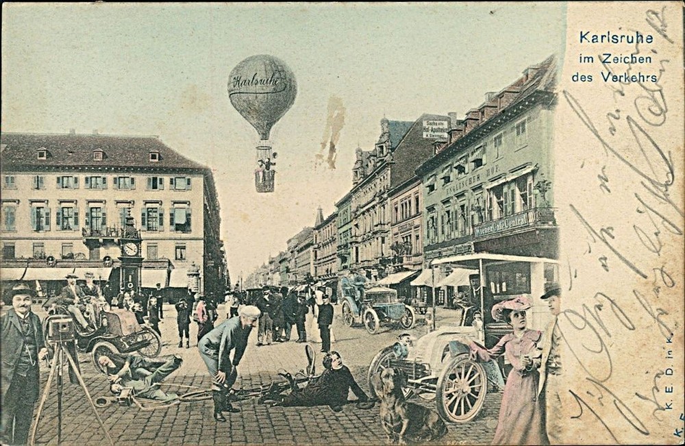 Postcard Karlsruhe under the sign of traffic 1905 (b256) Baden-Württemberg