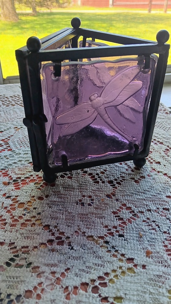 Purple Glass Dragonfly Tea Light Holder for Candles