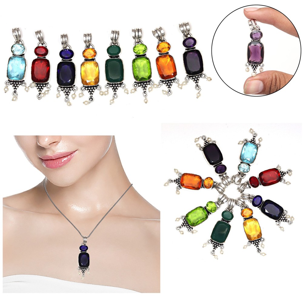 10-Piece Multicolor Gemstone Silver Pendant Jewelry for Women