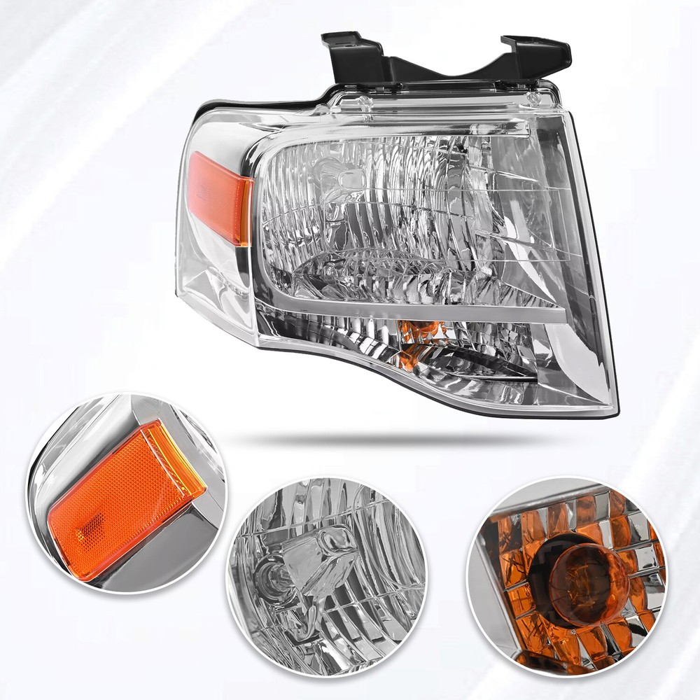 2007-2014 Ford Expedition Right Headlight with Bulbs & Amber Chrome Corner
