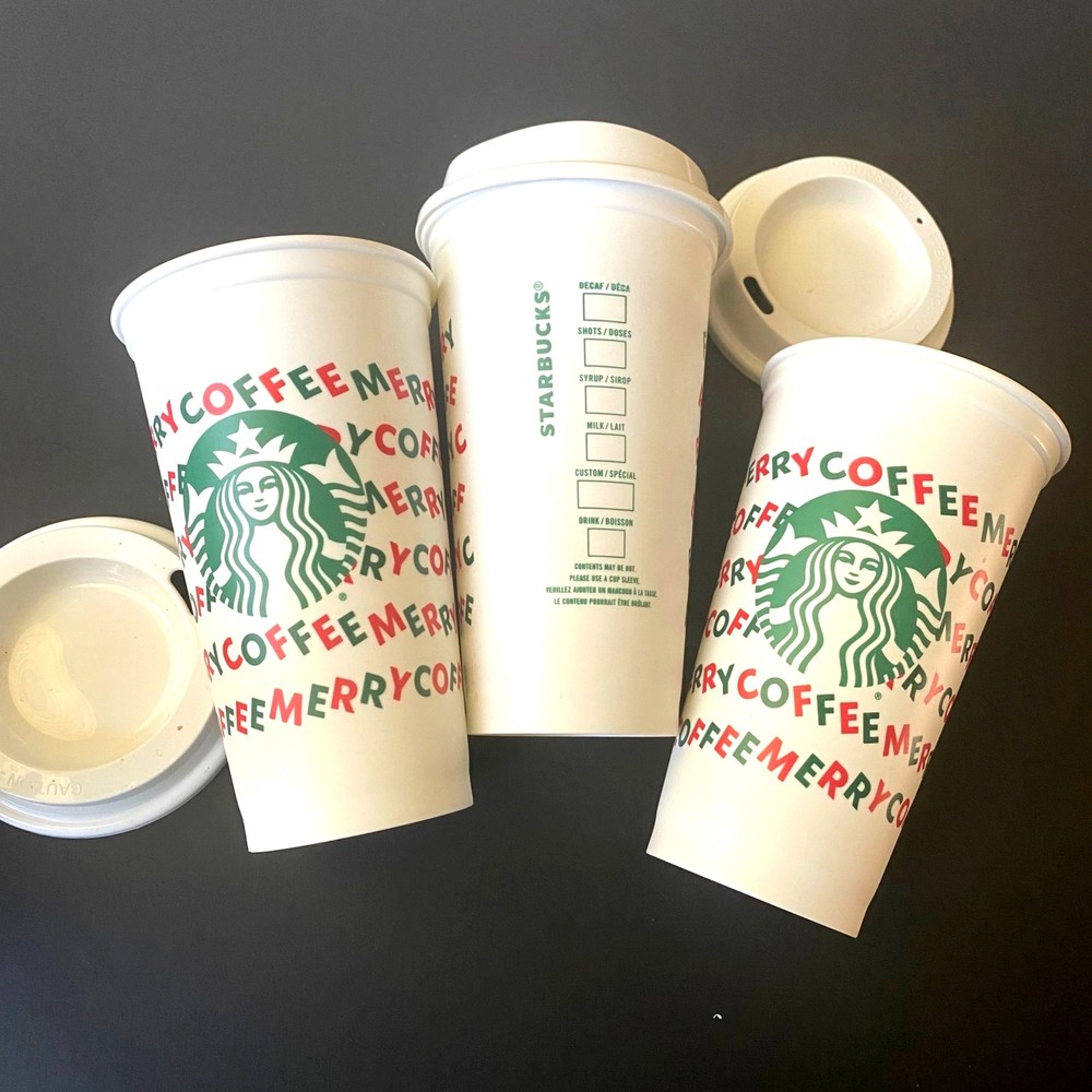 3pc set 2019 Starbucks Coffee cups Reusable White Merry Christmas +Lids Holiday