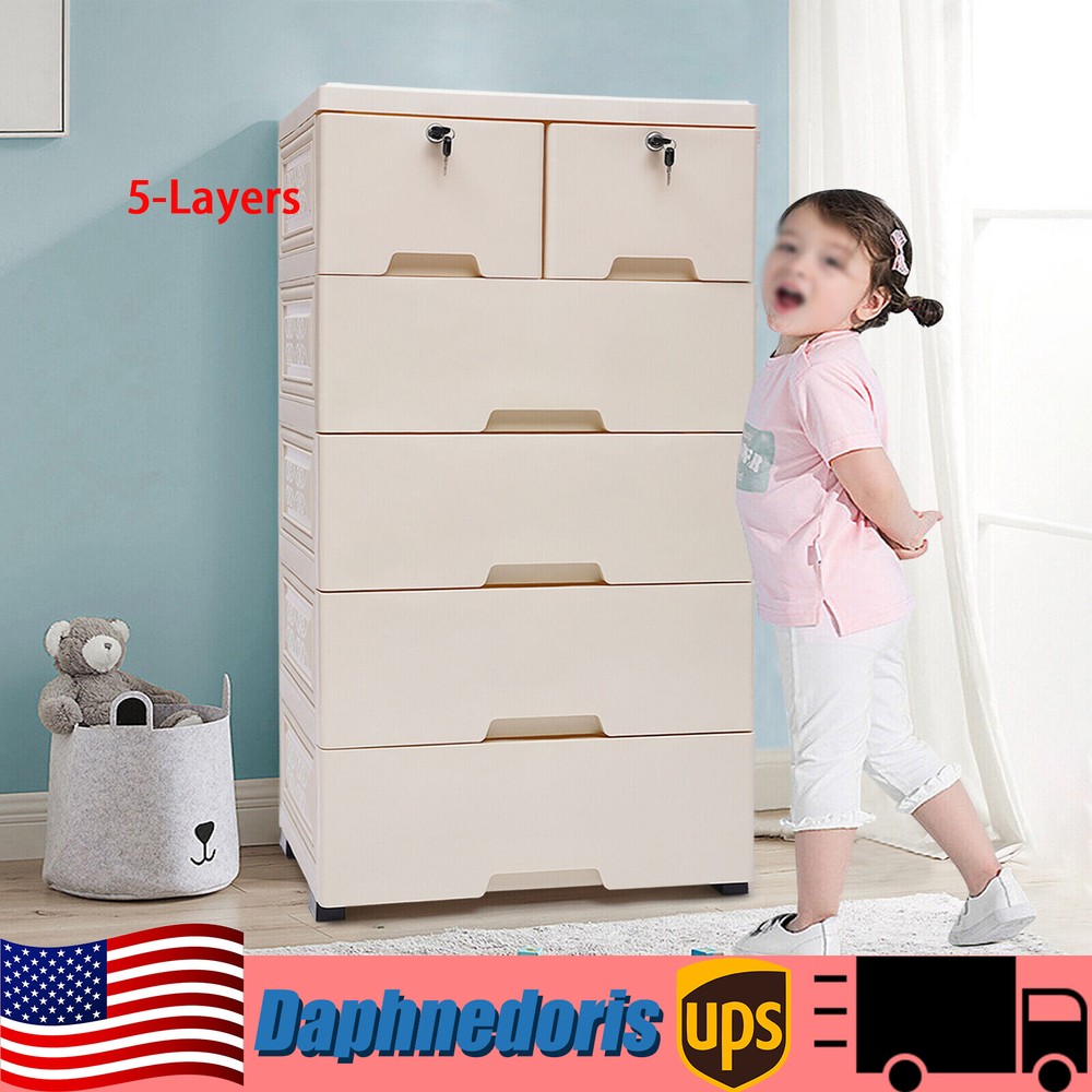 Movable PP Storage Cabinet with 6 Drawers and Lockable Cupboard for Bedrooms