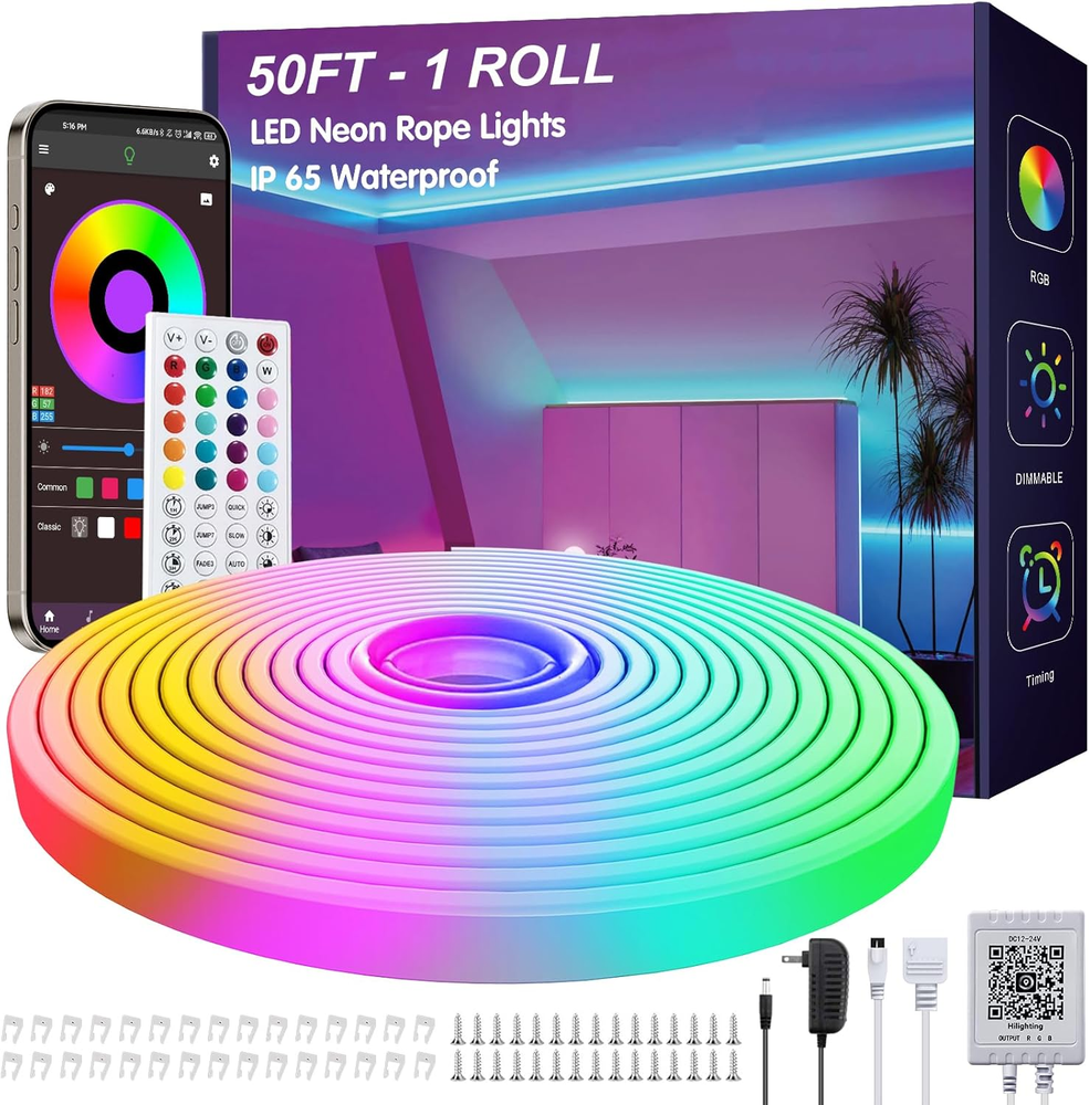 50Ft LED Neon Rope Lights with App and Remote Control, IP65 Waterproof Neon Stri