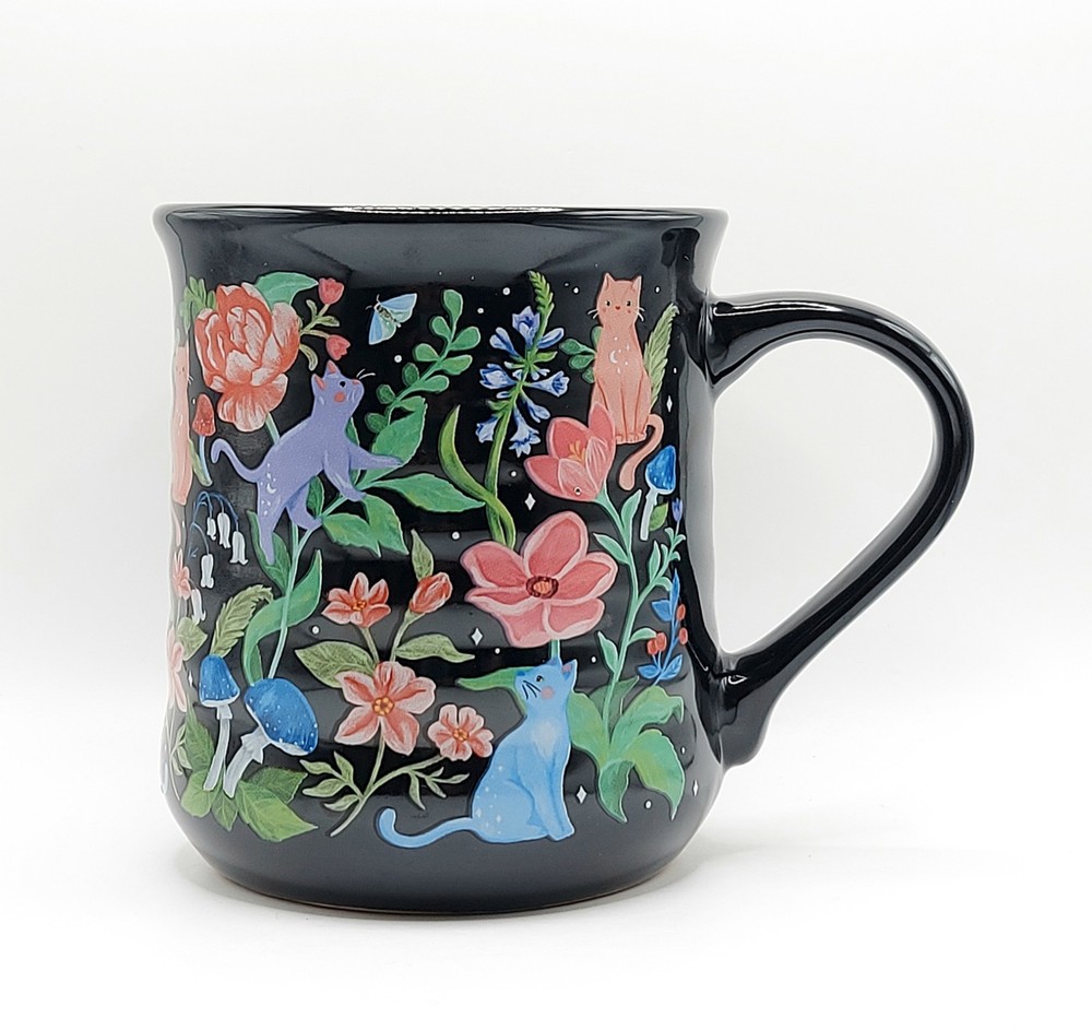 Colorful Cats & Flowers Coffee Mug 18 Oz Ceramic Floram Cup By Clementine Paper