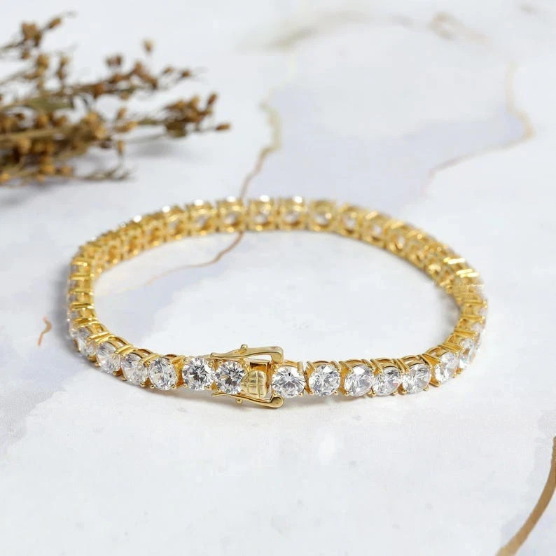 Round Cut 10Ct Natural Diamond real 14K Yellow gold tennis luxurious Bracelet