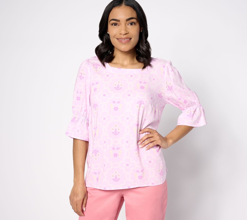 Denim & Co. Women's Top Sz L Square Neckline Printed Ruffle Sleeve Pink A643299