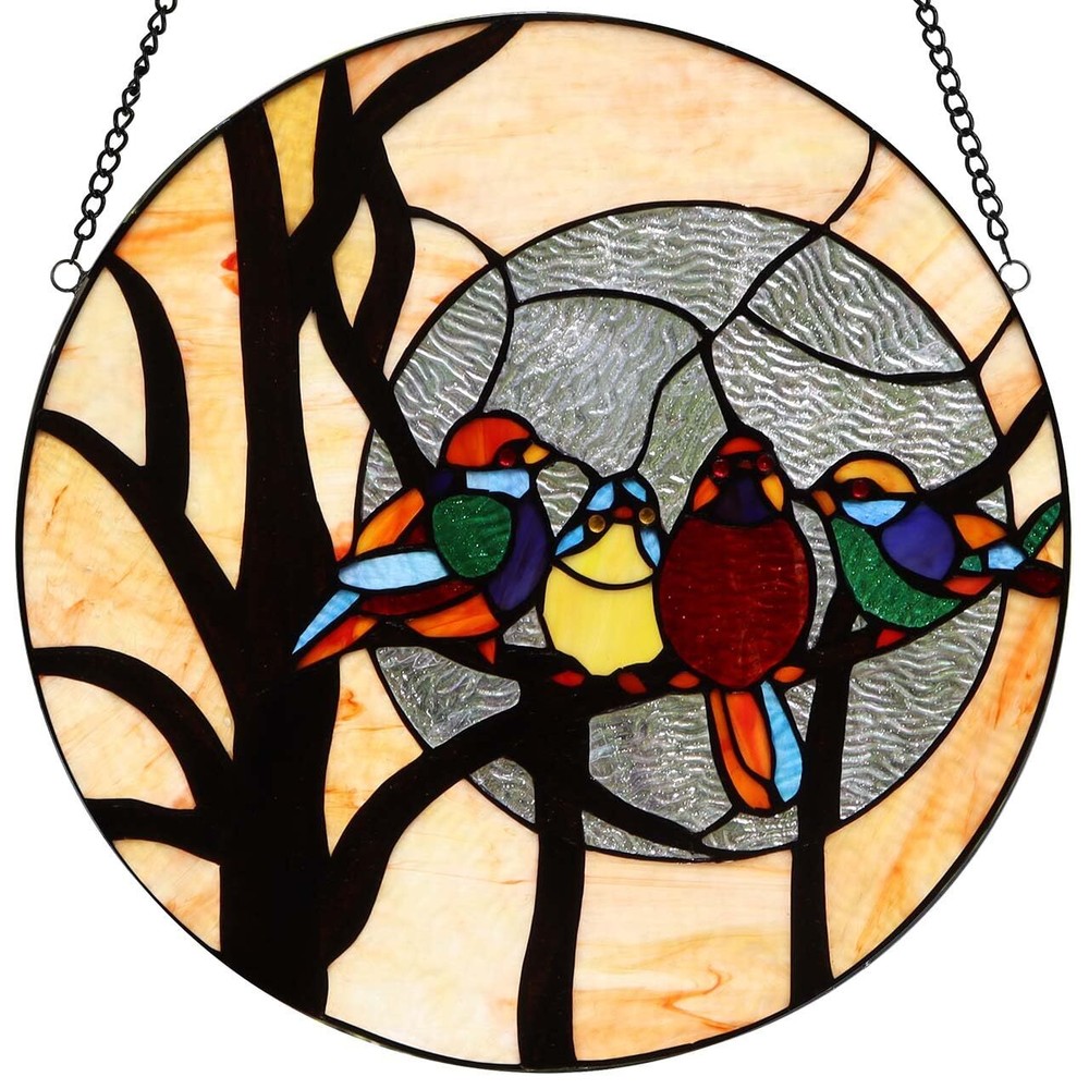 W10045 Birds Sitting on The Bare Tree Branch Again Full Moon Tiffany Style St...