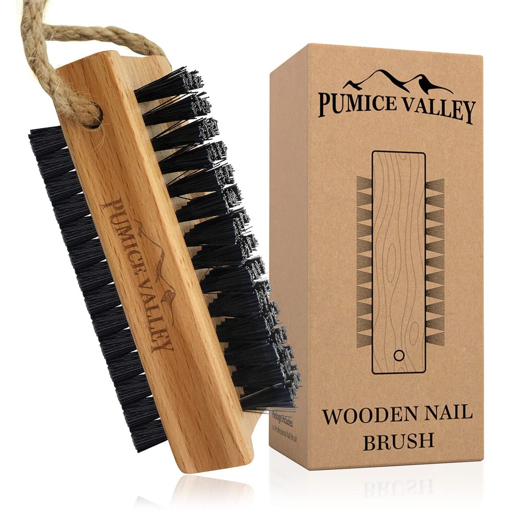 Wooden Nail Brush with Charcoal Bristles and Hanging Rope for Deep Cleaning