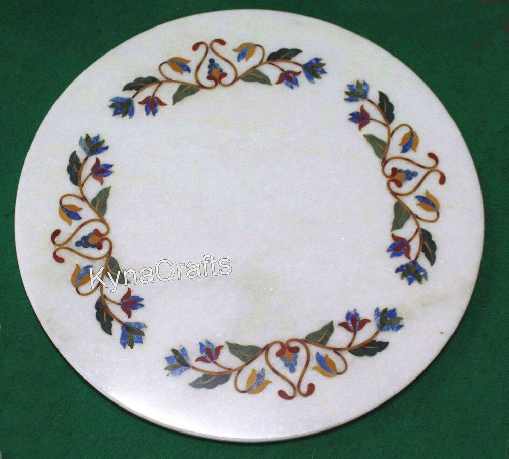 Floral Inlay Round Marble Coffee Table Handcrafted Side Table