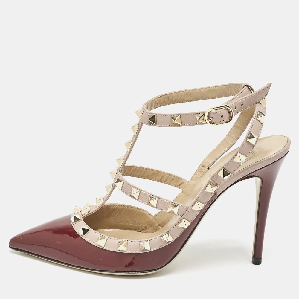 Valentino Rockstud Burgundy Patent Leather Pumps Size 38 Ankle Strap