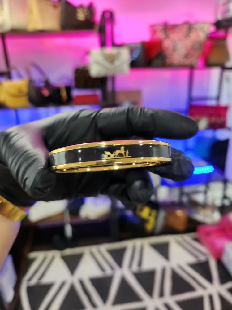 Hermes Sellier Gold Black Enamel Narrow Bangle Bracelet 2.5 Inch Diameter