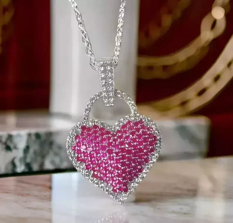 2Ct Round Cut Pink Sapphire Moissanite Heart Shape Pendant 14K White Gold Plated