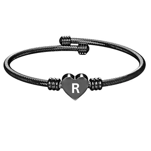 Stainless Steel Heart Word-R Bracelet Engraved Charm Bracelet for Women Black