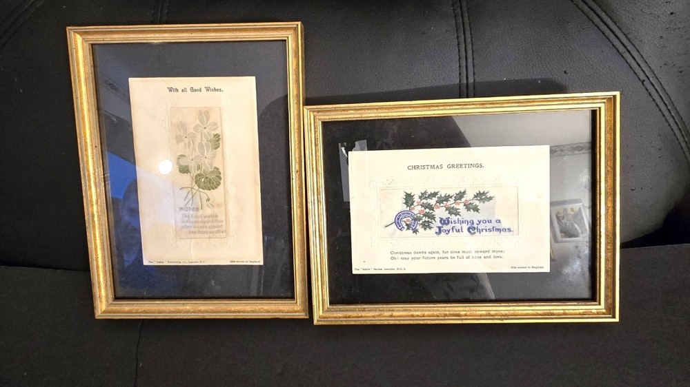 Vintage Silk-Woven Framed Postcards – Set of 2 (Alpha Publishing Co., London) Ho