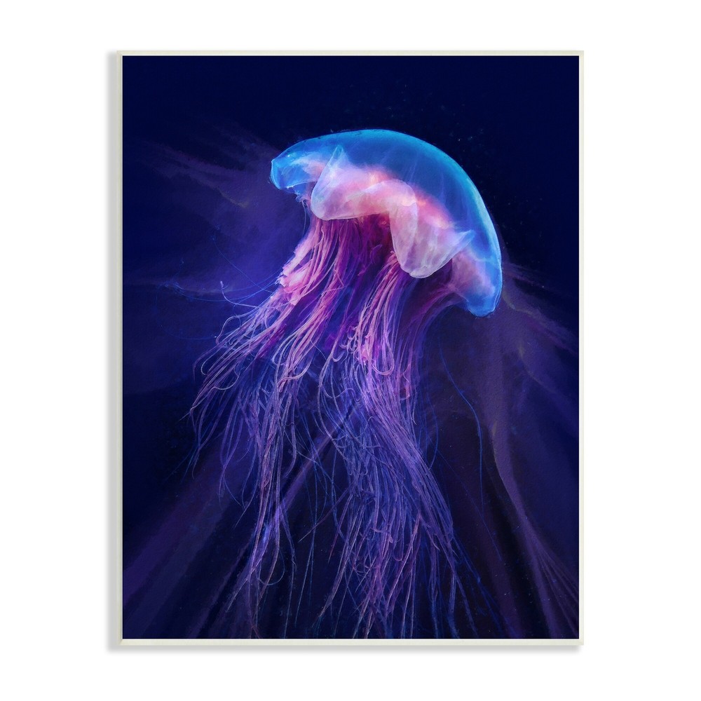 Stupell Vivid Purple Jellyfish Swimming Ocean Sea Life Wood Wall Art