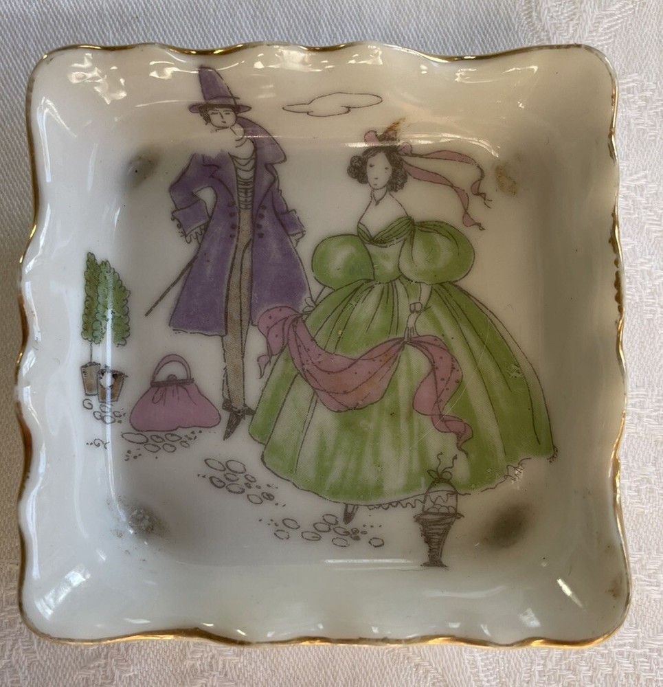 2 VTG Lefton Victorian Family Porcelain Trinket Trays Gold Trim Girl’s Vanity