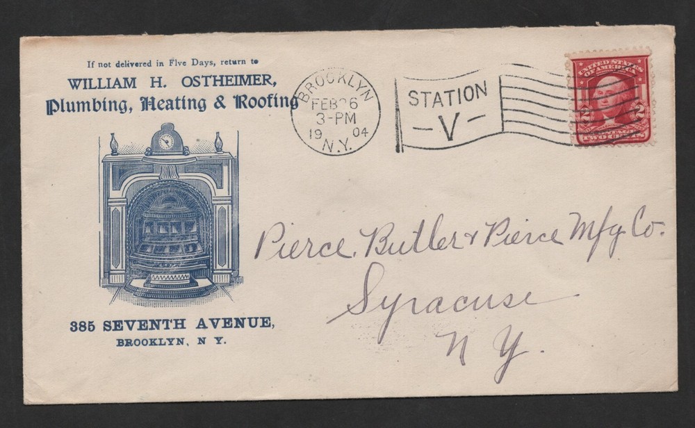 US 1904 ADVERTISING COVER PLUMBING & HEATING CACHET IN BLUE BROOKLYN, N.Y.