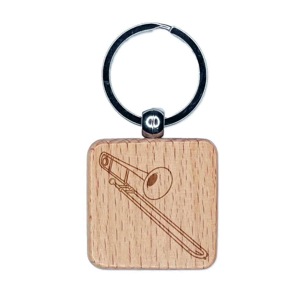 Tenor Trombone Brass Musical Instrument Engraved Wood Square Keychain Tag Charm