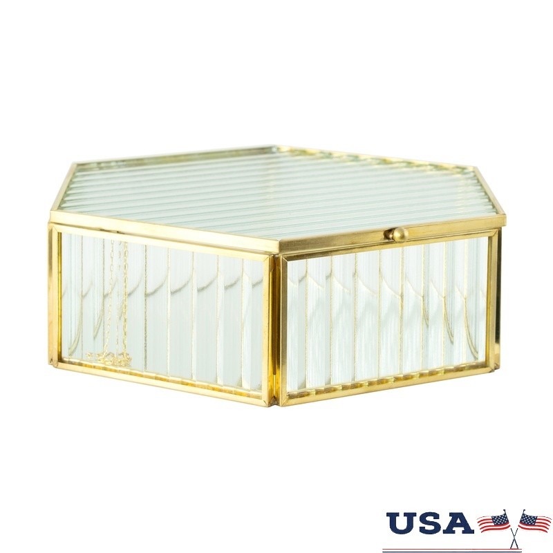 Elegant Hexagon Glass Jewelry Box with Brass Hinges